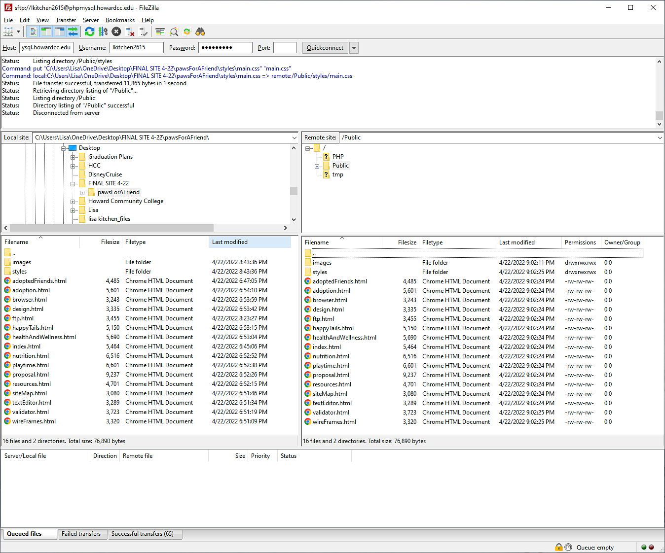 All PAWS for a Friend website files displayed in FileZilla Client uploaded to the HCC Server All PAWS for a Friend website files displayed in FileZilla Client uploaded to the HCC Server