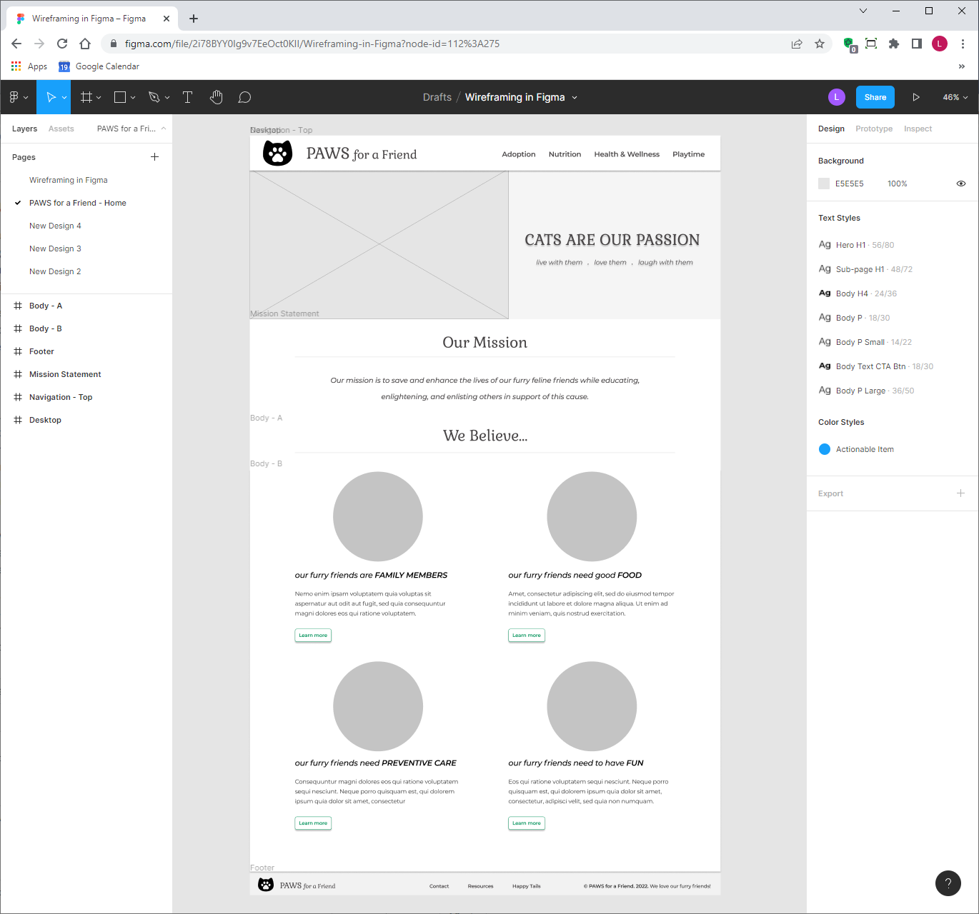 Homepage wireframe for PAWS for a Friend website
